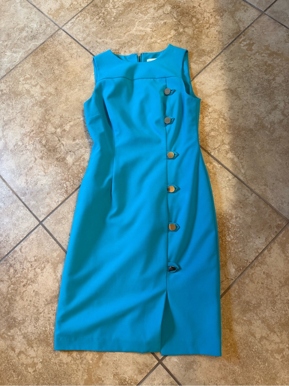 Calvin Klein Sleeveless Teal Sheath Dress with Accent Buttons